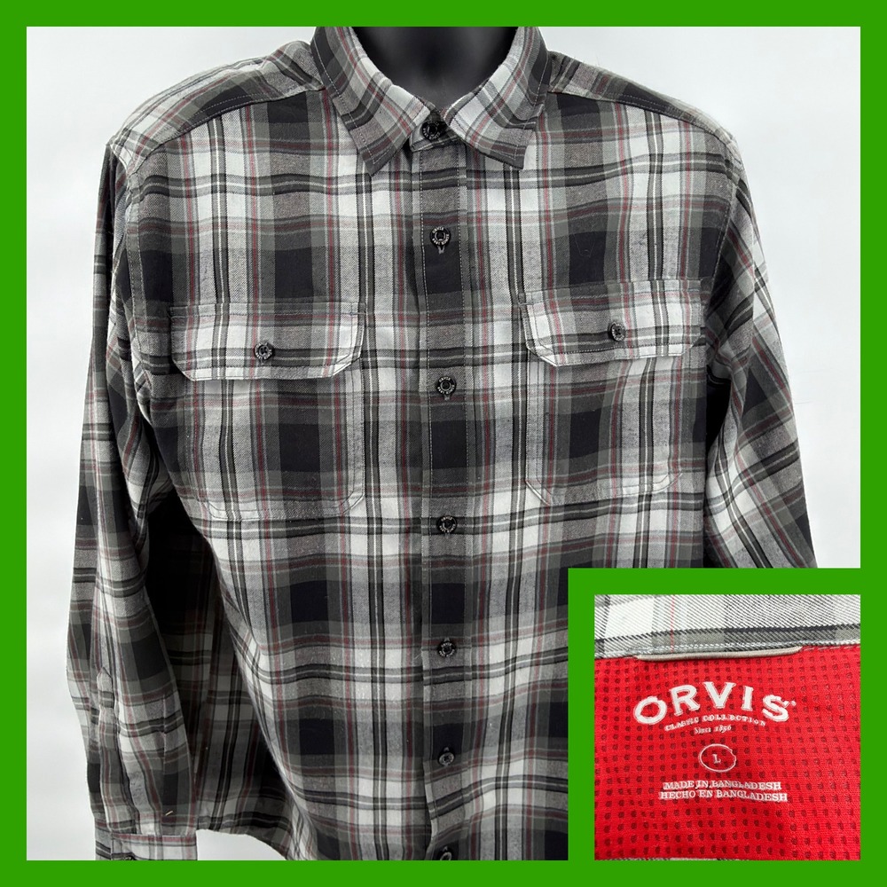Orvis Classic Collection Plaid Flannel Shirt Mens Large Gray Red‎ 100% Polyester